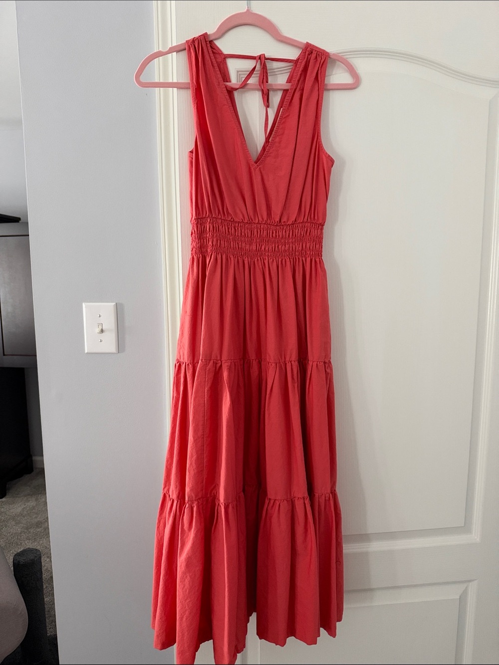 Maeve Coral Sleeveless Tiered Maxi Dress with V-Neck pockets